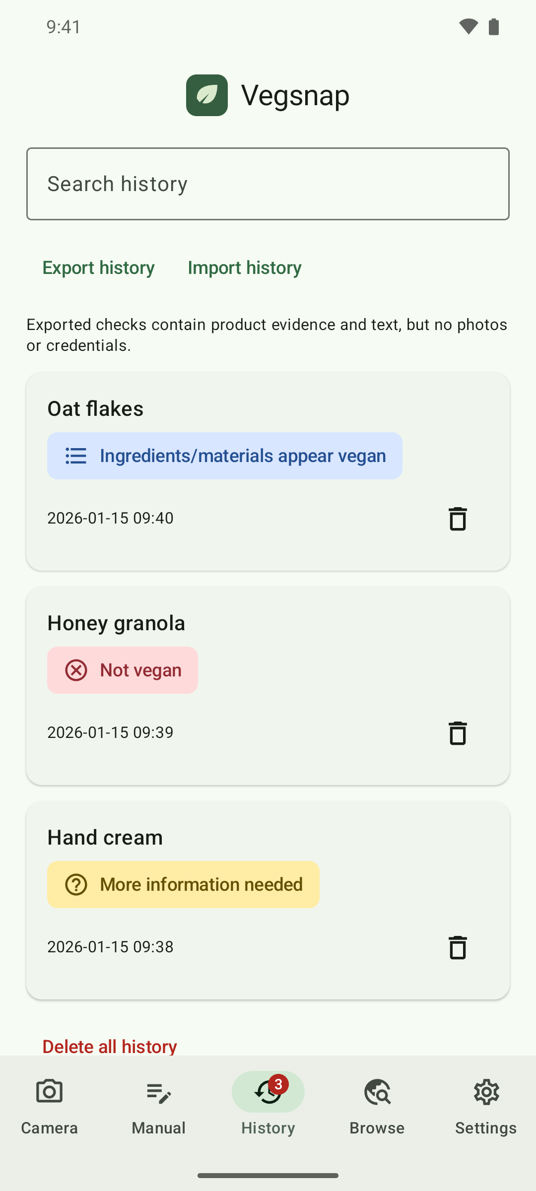 Vegsnap Android: previous product checks in local history